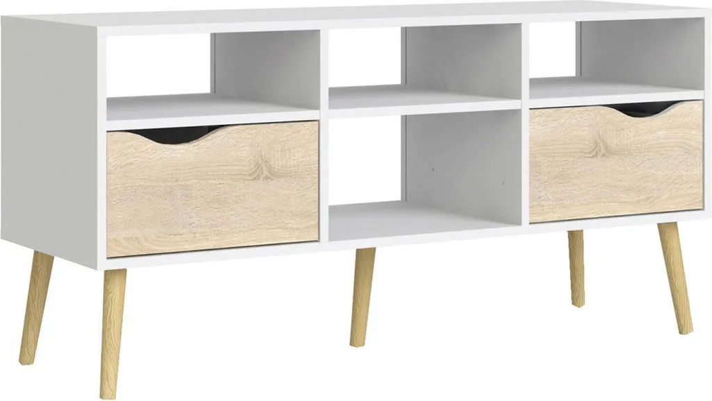 Meuble TV Lowboard OSLO Blanc et Chêne - Banc TV Scandinave de Salon