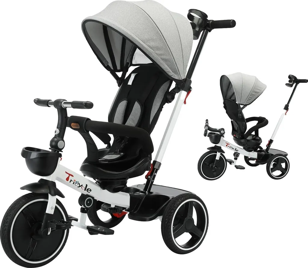 Tricycle évolutif bébé blanc 6 modes de transport et sécurité renforcée