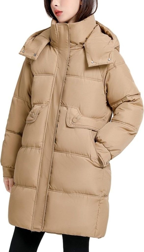 ASKSA Damen Mantel Winter Lang Dicke Warm Winterjacke Daunenjacke Laessig Langarm Wintermantel Outdoor Casual mit Kapuze (Khaki,XL)