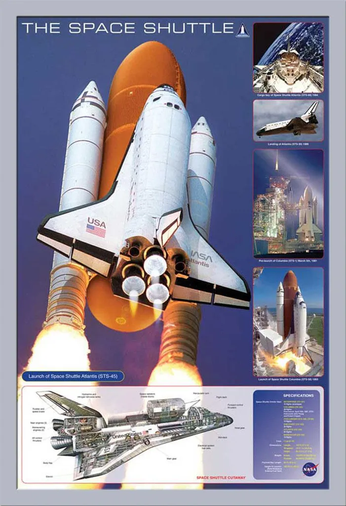 Didattica - Educazione - Poster - Astronave Space Shuttle + cornice rimovibile, Shinsuke® Maxi MDF argento, disco acrilico
