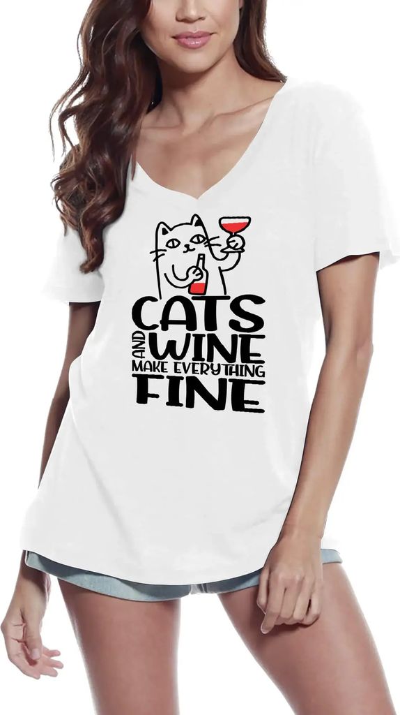 Damen Grafik T-Shirt V-Ausschnitt Katzen und Wein machen alles gut – Cats And Wine Make Everything Fine – Öko-Verantwortlich Vintage Jahrgang ...