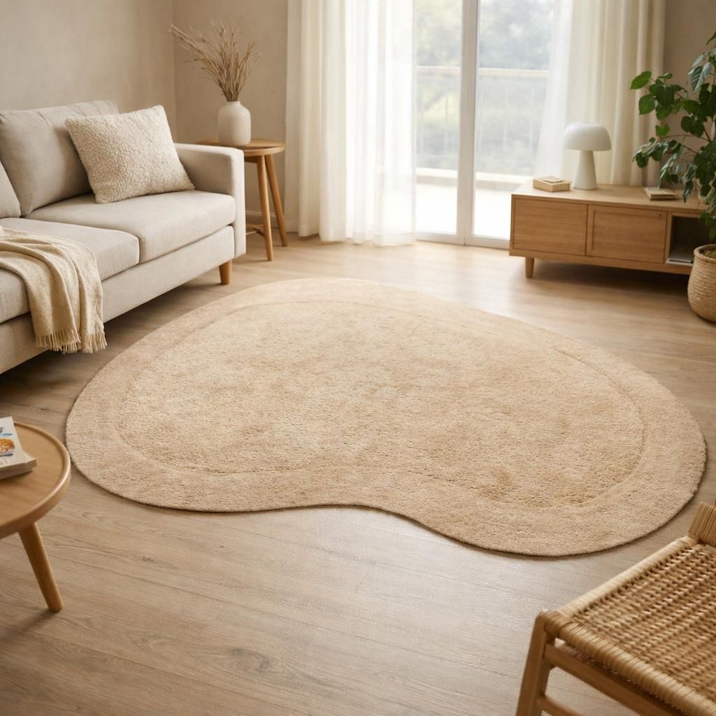 A beige heart-shaped rug is placed on a light wooden floor in a living room setting, with a sofa and a side table visible.