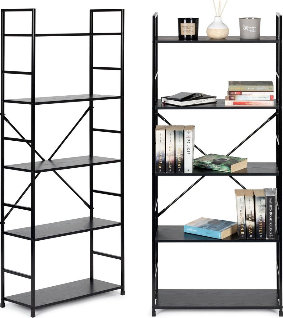 Breites, modernes LOFT-Bücherregal aus Holz mit 5 Regalen, schwarz