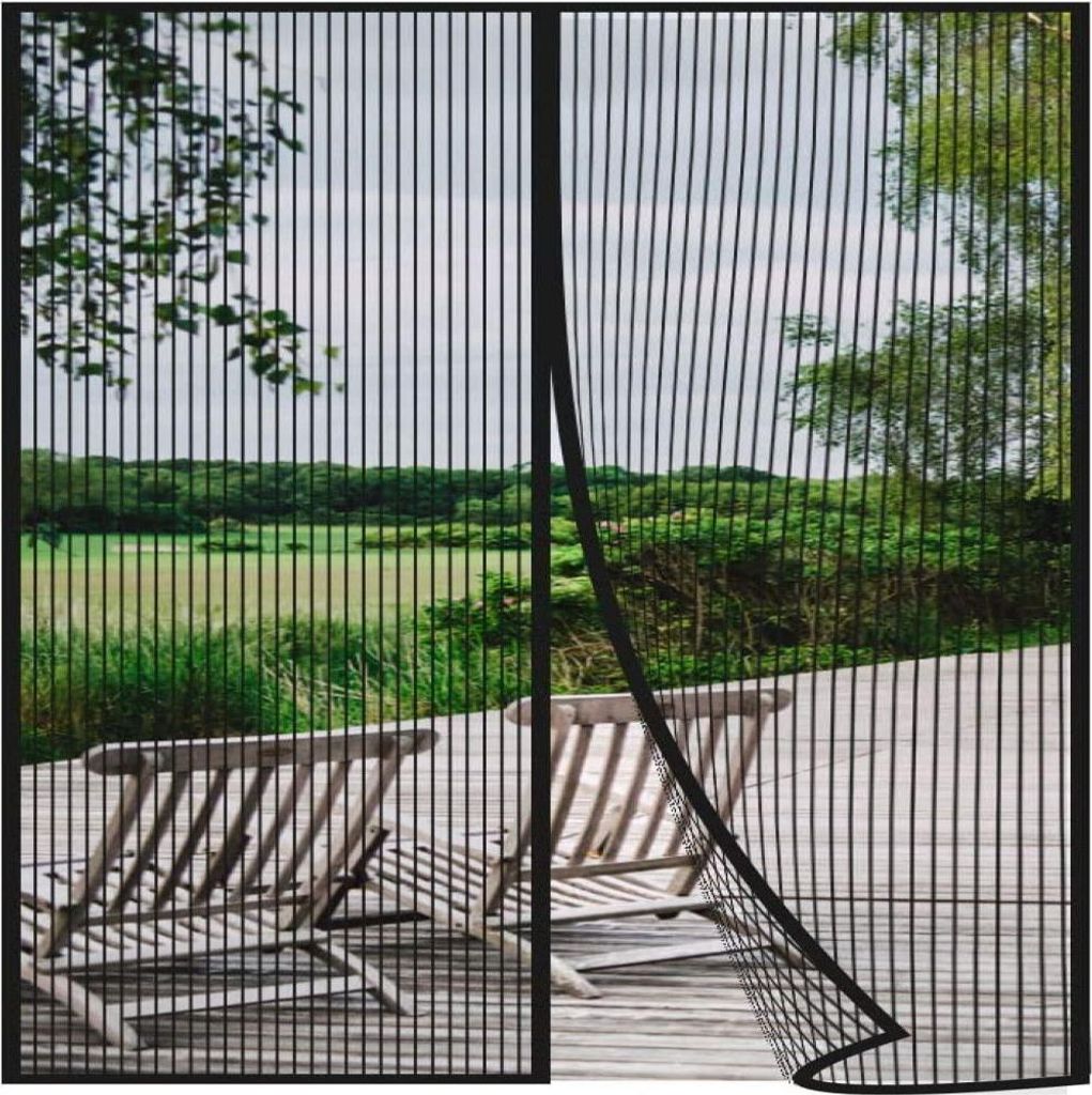 Türvorhang aus weichem Gaze-Gewebe mit vertikalen Streifen und Magnetverschluss, schwarz, inklusive Klettverschluss, 80 x 210 cm