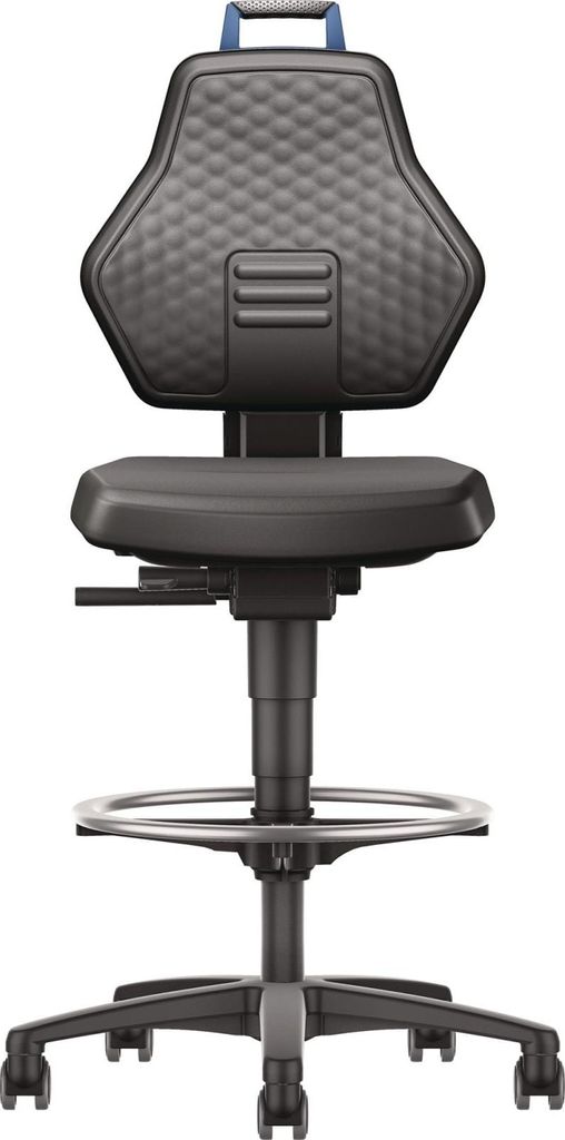 Arbeitsdrehstuhl Rl.+Fußring Kunstleder schwarz Grifffarbe blau 580-860mm TW