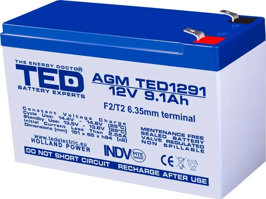 Batteria 12V 9Ah AGM TED Electric per UPS e Allarmi | Terminale T2