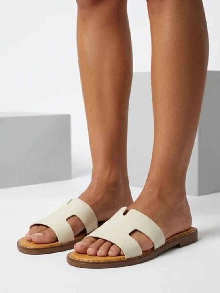Beige Pantoletten mit breiten Riemen und offener Zehenpartie, Größe 38