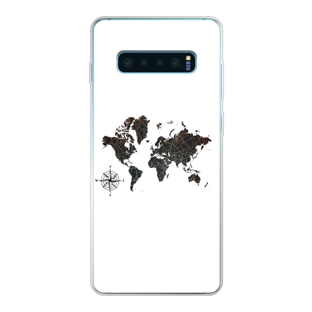 MuchoWow Handyhülle Schutzhülle Hülle für Samsung Galaxy S10 Plus Weltkarte - Gold - Schwarz - Windrose Silikon Softcase Handy Hülle - Schut...