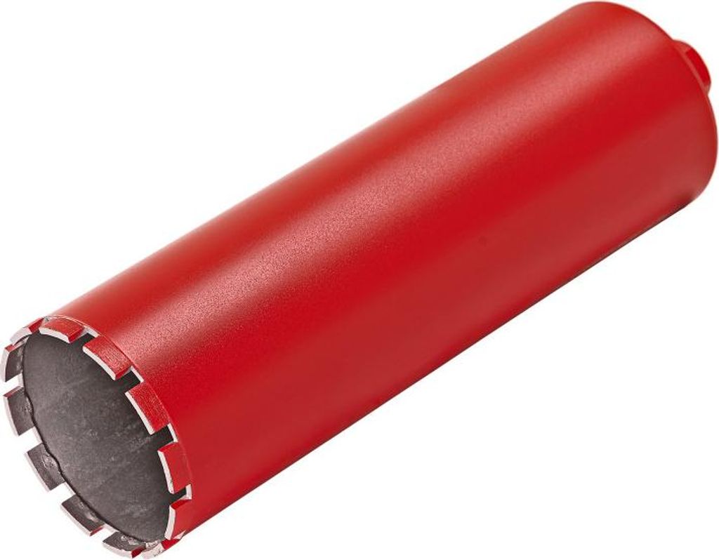 A red cylindrical drill bit with a serrated cutting edge on a white background.