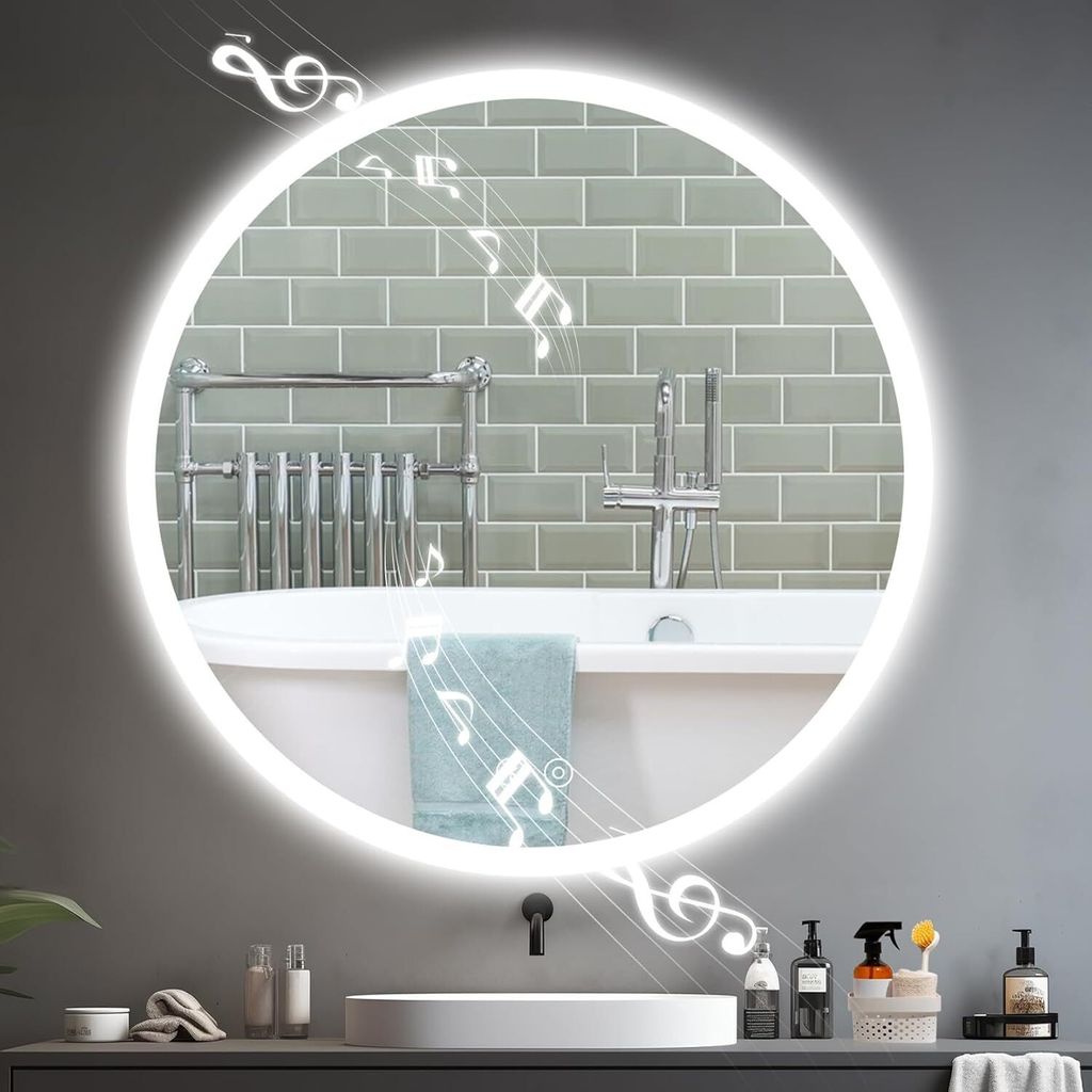 YOLEO Badspiegel mit Licht, rund, Badspiegel LED mit Bluetooth-Lautsprecher, Touch-Schalter und explosionssicherem Glas, 3 einstellbare Lichtfarben