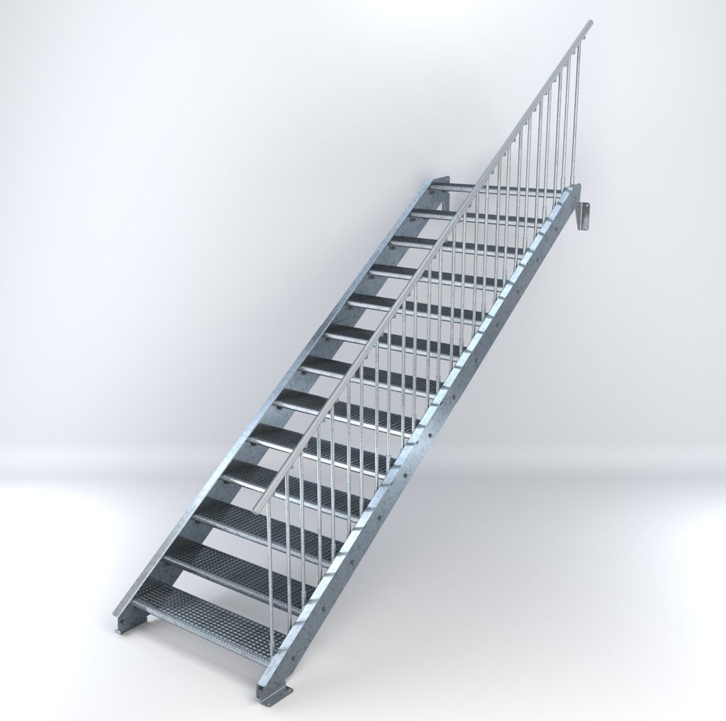 Stahltreppe 13 Stufen bis Höhe 260 cm, Laufbreite : 110 cm Geländer rechts ST 2 (31 / 31 mm gezackt)
