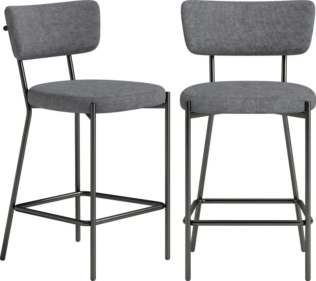 Lot de 2 Tabourets de Bar Gris avec Dossier Incurvé et Pieds en Métal Noir