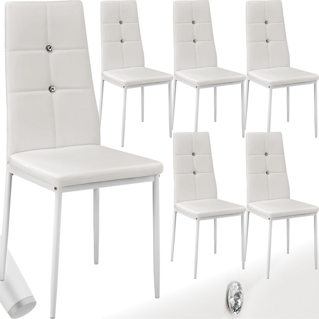 A collage of white dining chairs.