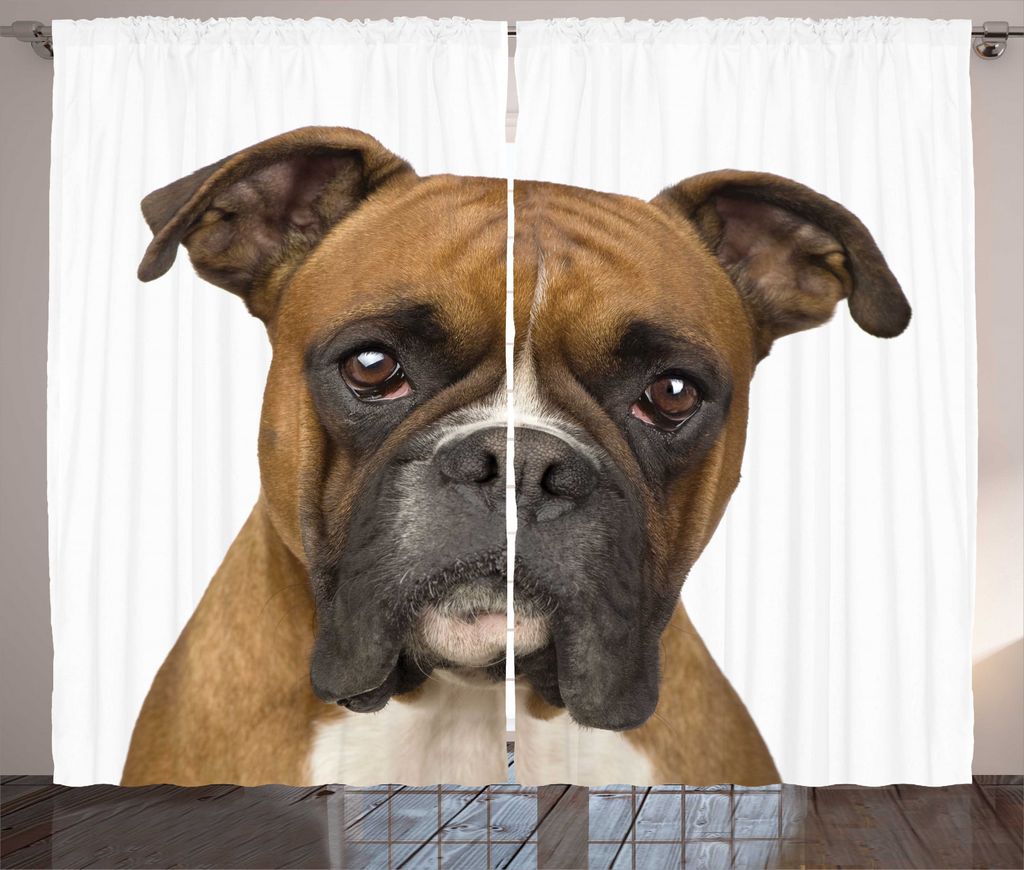 ABAKUHAUS Boxer-Hund Rustikaler Gardine, Rassehund Vorderansicht, Schlafzimmer Kräuselband Vorhang mit Schlaufen und Haken, 280 x 225 cm, Blassbra...