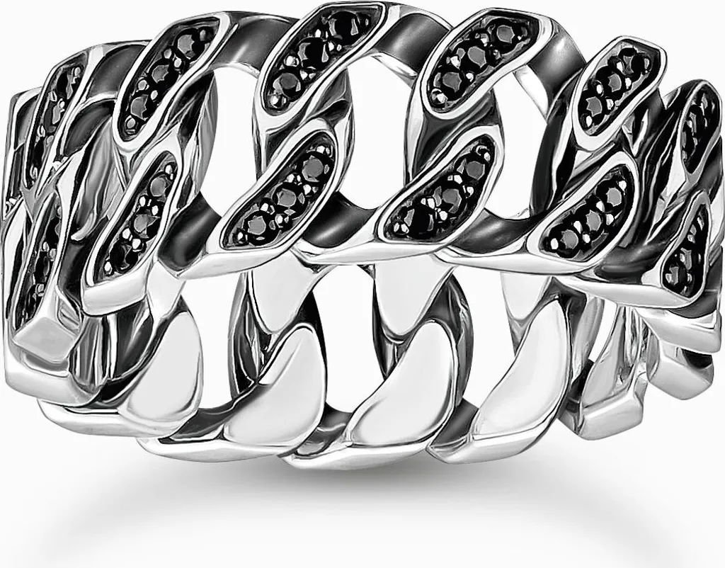 Bague large anneau maillons argent et pierres noires - Bijou de luxe