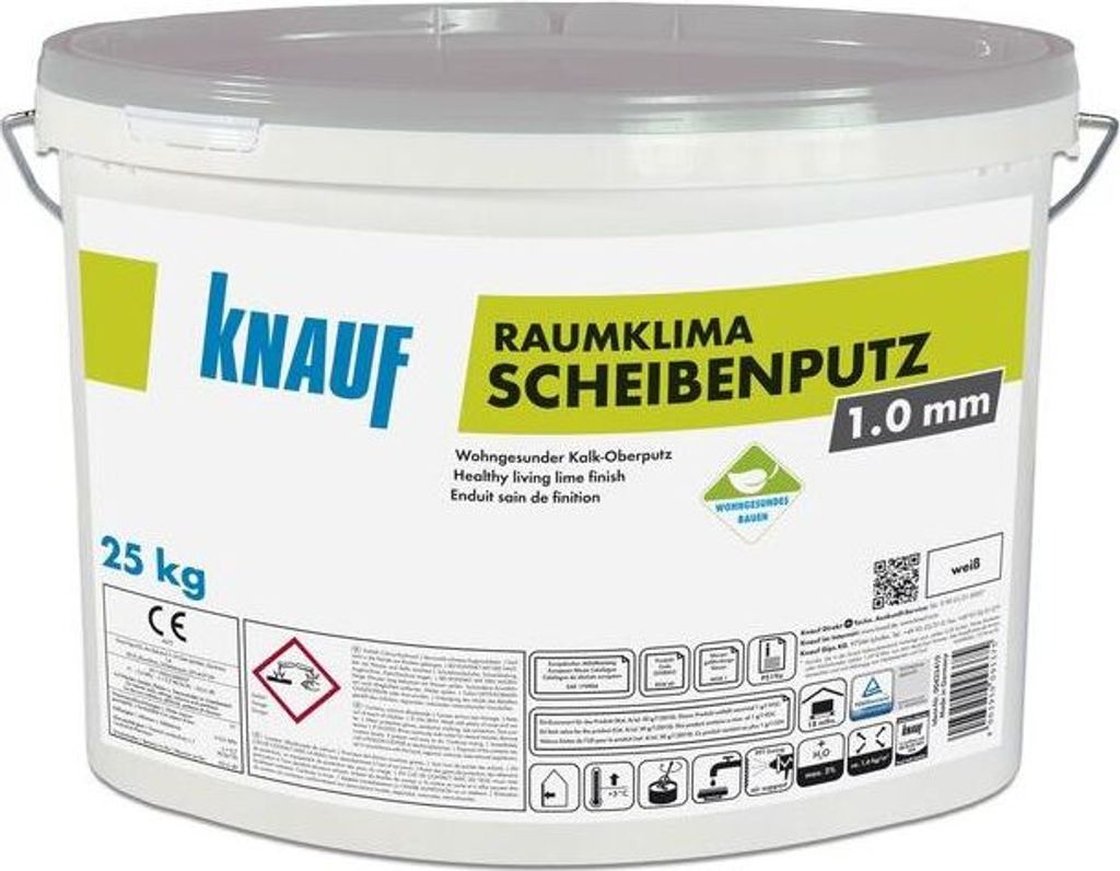 A white bucket of Knauf Raumklima Scheibenputz 1.0 mm.