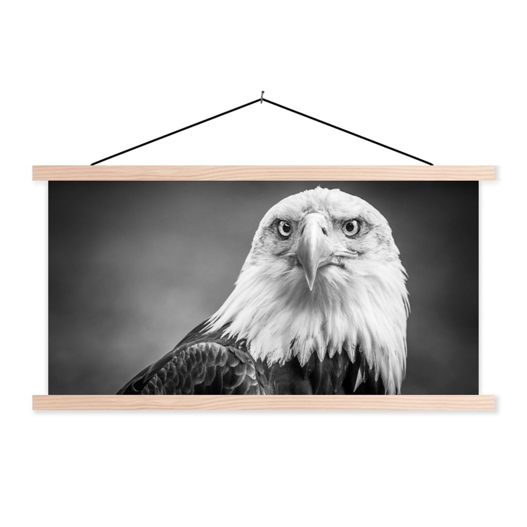 MuchoWow Textilposter Adler - Raubvogel - Schwarz - Weiß - Tiere 60x30 cm mit holzfarbenen Rahmen - Dekoration