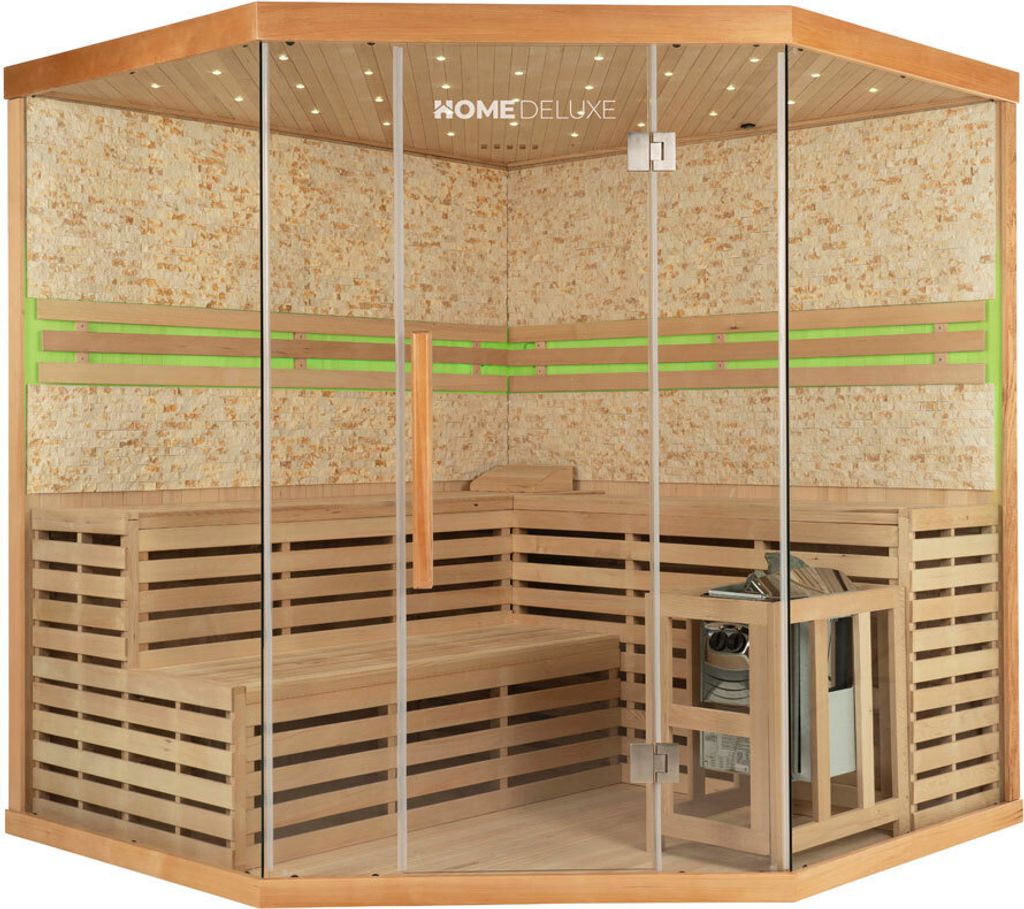 HOME DELUXE - Traditionelle Sauna - Skyline XL Big Kunststeinwand - 200 x 200 x 210 cm, für 2-6 Personen, Hemlocktanne, inkl. Saunazubehör I Damp...