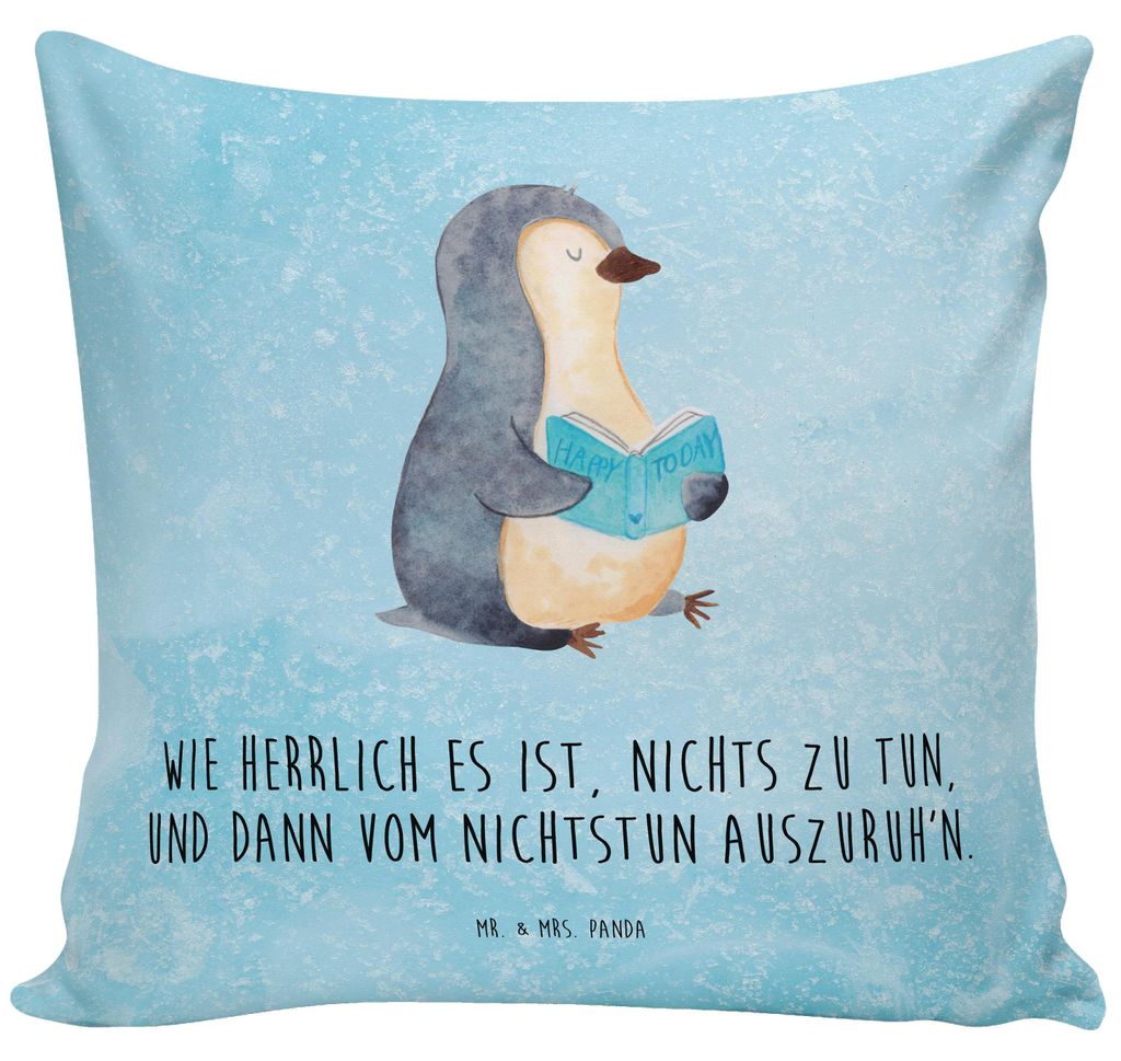 Mr. & Mrs. Panda Dekokissen Pinguin Buch - Eisblau - Geschenk, Zierkissen, wurfkissen, Urlaub, Sofa Kissen, zier, Freizeit, kuschelkissen 40x40, Fe...
