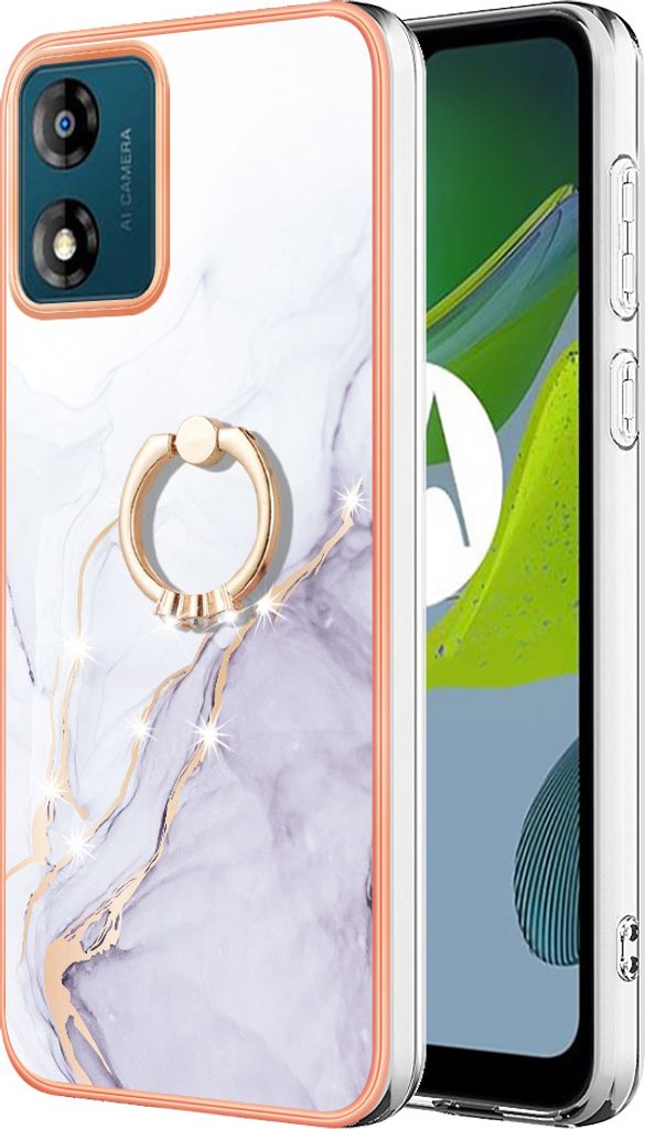 Hülle für Motorola Moto E13 Muster TPU Silikon Stoßdämpfer Bumper Schutzhülle mit Ring Ständer Weiß