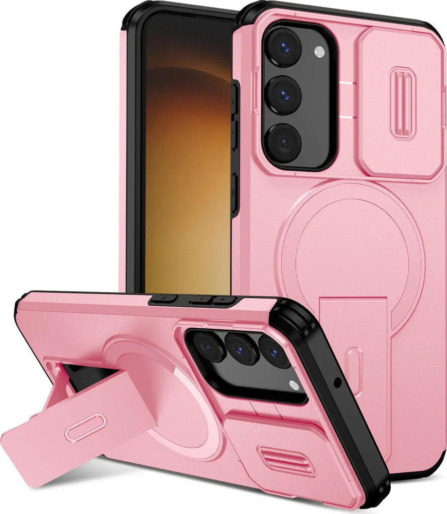 Custodia magnetica per Samsung Galaxy S23+, custodia resistente a due strati con protezione della fotocamera scorrevole e supporto regolabile Rosa
