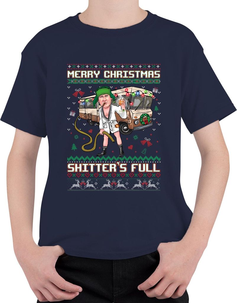 Merry Christmas Shitter's Full Weihnachten Schöne Bescherung Ugly Sweater Uni Kinder T-Shirt, Navy, 140