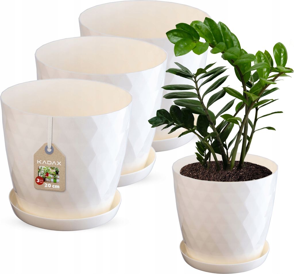 KADAX Blumentöpfe aus Kunstsoff "Amily", Topf mit Untersetzer. Pflanzkübel, 20 cm, Creme, 3 Stück