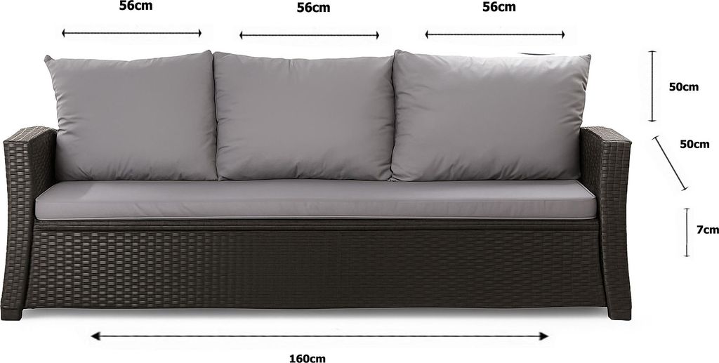 A product shot of a sofa cushion set with dimensions indicated by measurement lines and text.