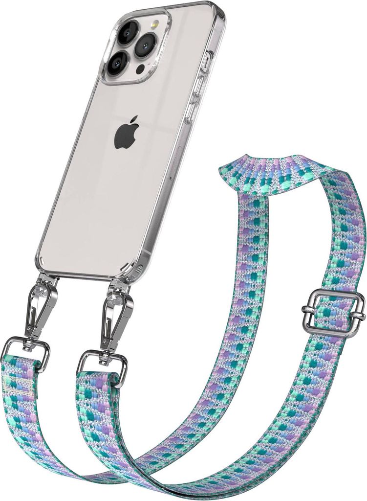 EAZY CASE Handykette - Verstellbarer Trageriemen kompatibel mit Apple iPhone 13 Pro, Handykordel mit transparenter Silikon-Hülle, Karabiner Silber...