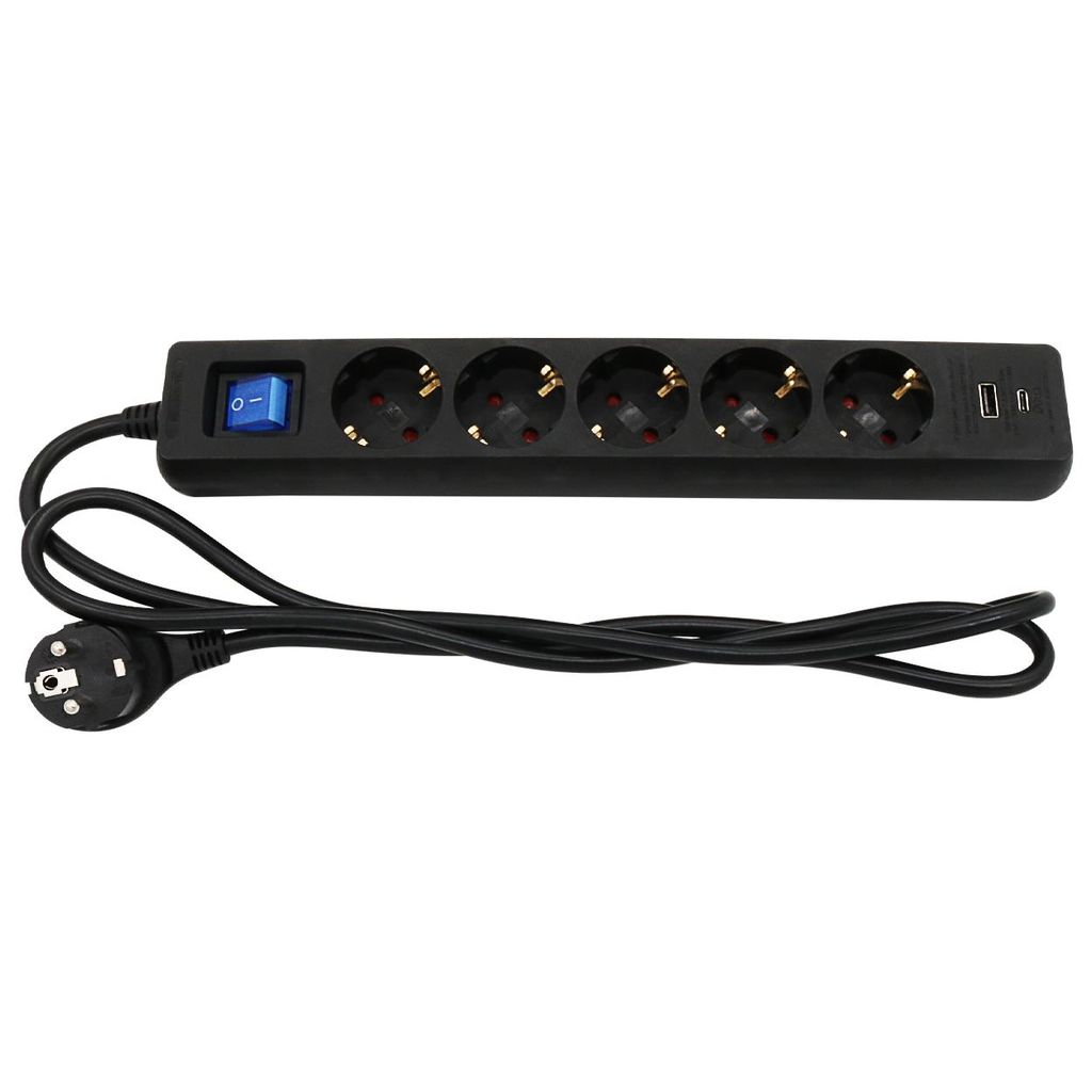A black power strip with multiple outlets and USB ports, connected to a black power cord and plug.