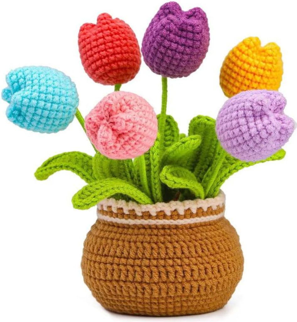 Habarri | Bastelset - Häkeln - Häkelset - Bunte Tulpen - mit einer Häkelnadel, einer stumpfen Nadel, Draht für die Stiele