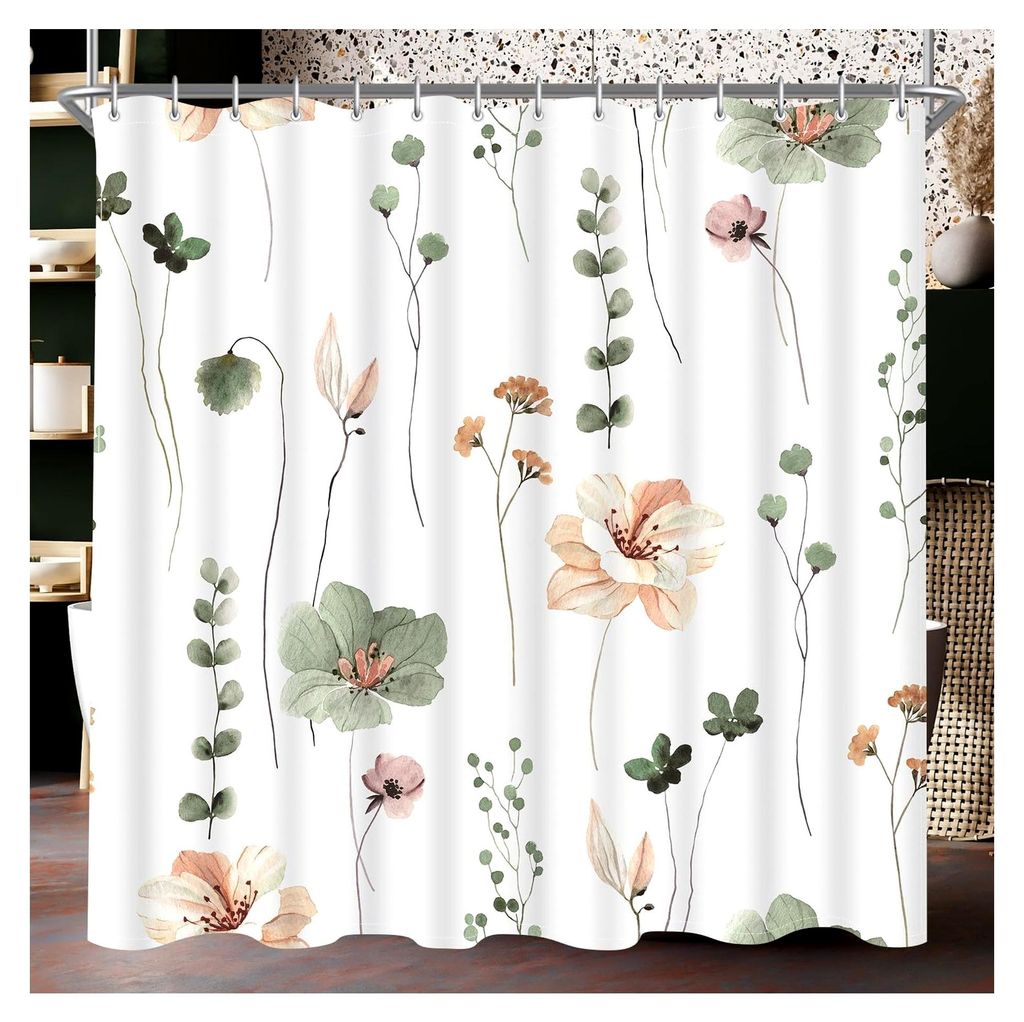 Duschvorhang 180x200cm Salbeigrün mit Blumen, beschwerter Saum, antischimmel, wasserabweisend, waschbar aus Polyester mit 12 Ösen und Duschvorhan...