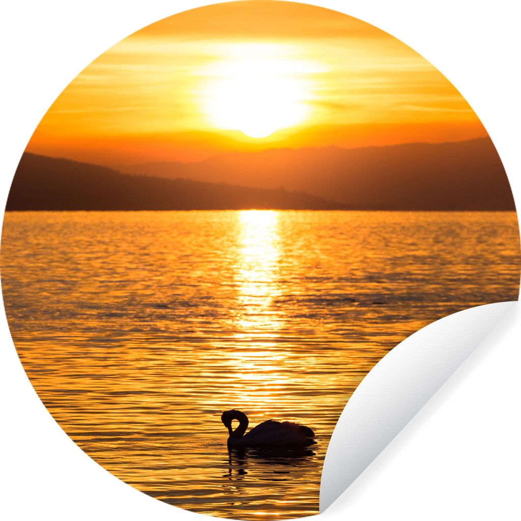 MuchoWow Runde Wandtattoo - Wandsticker Tapete Aufkleber Schwan - Sonnenuntergang - Gold Ø 100 cm Selbstklebend und Repositionierbar - Wandaufkl...