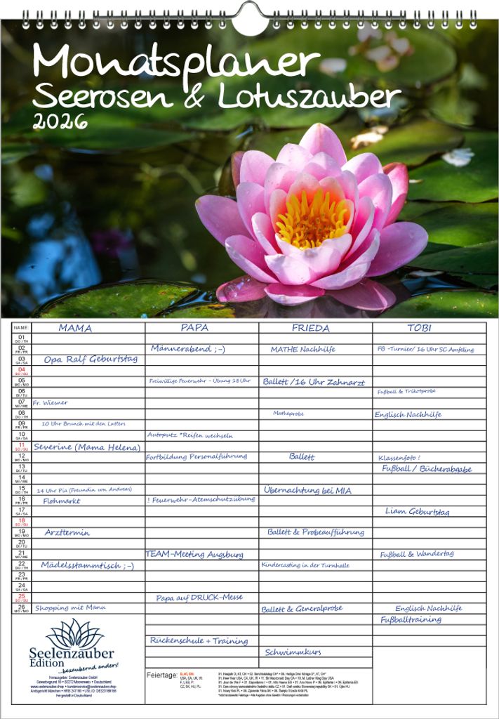 Seerosen und Lotuszauber Planer Familienplaner 4 Spaltenplaner DIN A3 Kalender für 2026 Blumen und Blüten - Seelenzauber