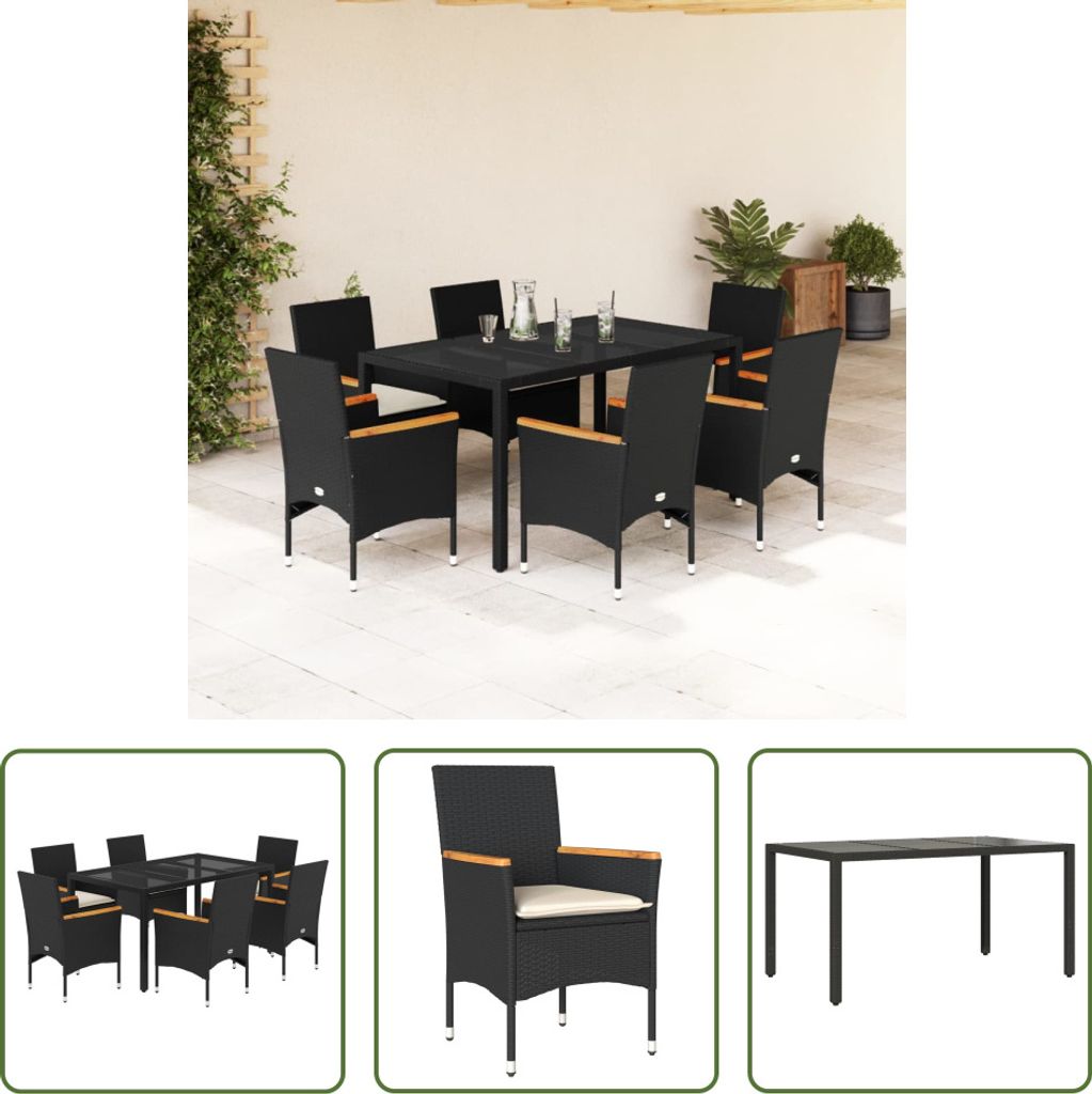 The Living Store 7-tlg. Garten-Essgruppe mit Kissen Schwarz Poly Rattan Glas