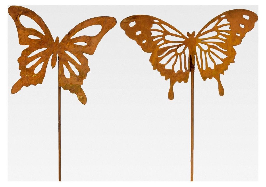 2 x Metallstecker Schmetterling Rost-Finish Gartenstecker Gartendeko Edelrost Frühling Sommer H=58cm 2er Set
