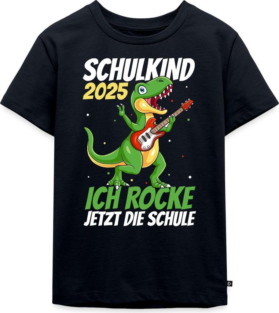 Spreadshirt Schulanfang 2025 Dino Rockt Die Schule Kinder Premium T-Shirt, 110/116 (4 Jahre), Navy