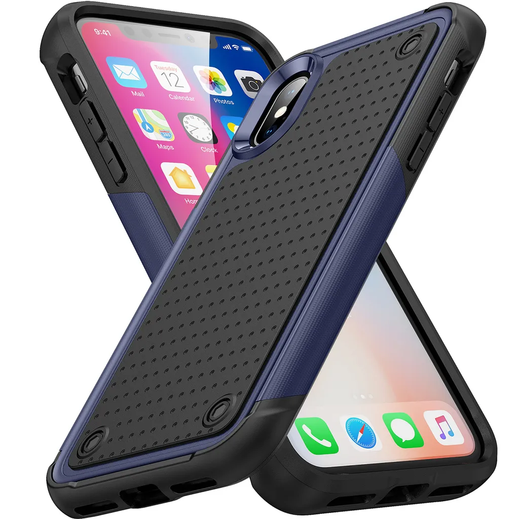 Custodia per iPhone XS /iPhone X, qualità militare, custodia ibrida antiurto 2in1 in PC rigido e TPU morbido blu nero