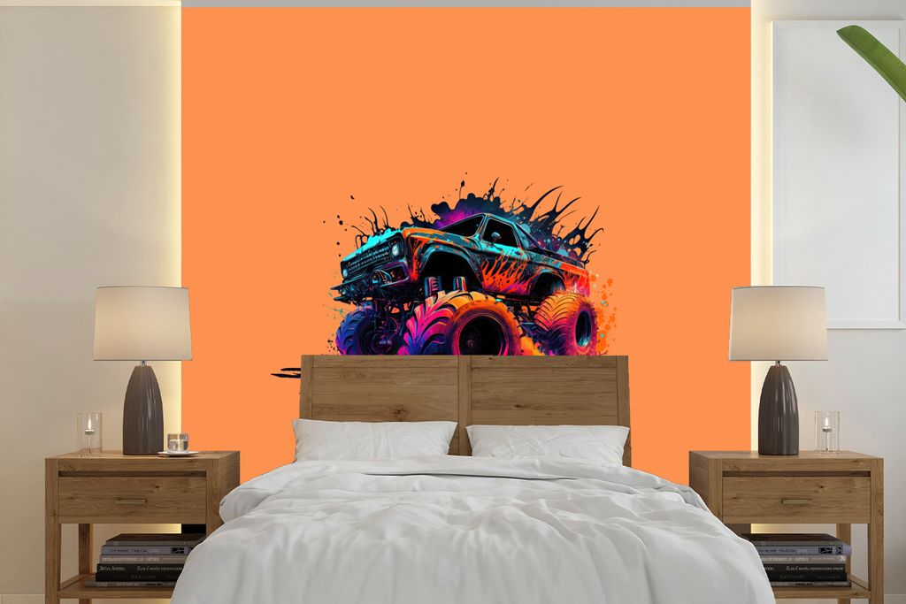 MuchoWow Fototapete für Wohnzimmer oder Schlafzimmer Wandtapete Vinyl Motivtapete Monstertruck - Design - Neon - Auto - 350x350 cm - Schlafzimme...