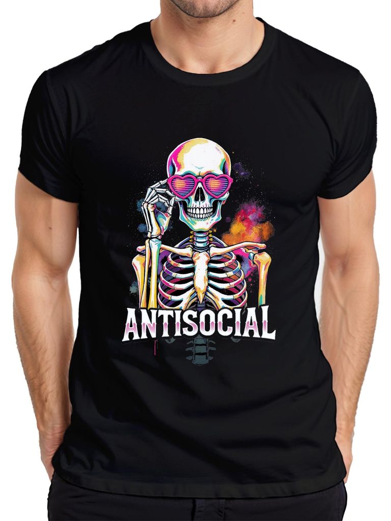 Antisocial Skelett Herzbrille Totenkopf bunt Halloween Retro Herren T-Shirt, Schwarz, S