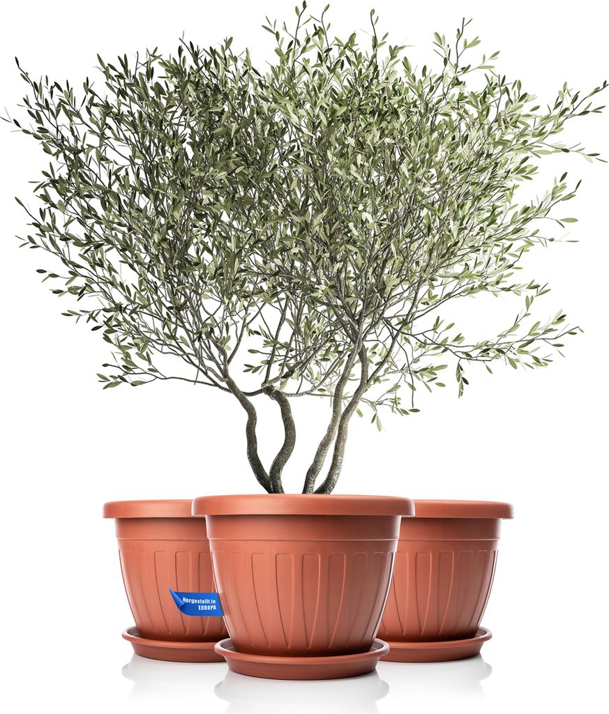 BigDean 3X Blumentopf mit Untersetzer rund ø50xH38 cm Terracotta - wetterfester Pflanzkübel - Wasserablauf UV-beständig aus bruchsicherem Kunsts...