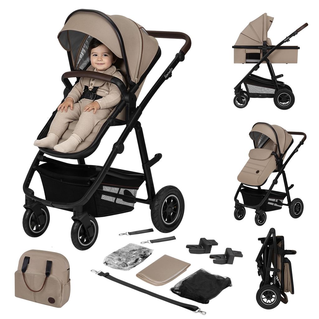 Lionelo Amber Kinderwagen 2 in 1 Kombikinderwagen, Set mit sportlichen Sitz, Fester Babywanne, Tasche, Moskitonetz, Abdeckung Regenblatt - Beige