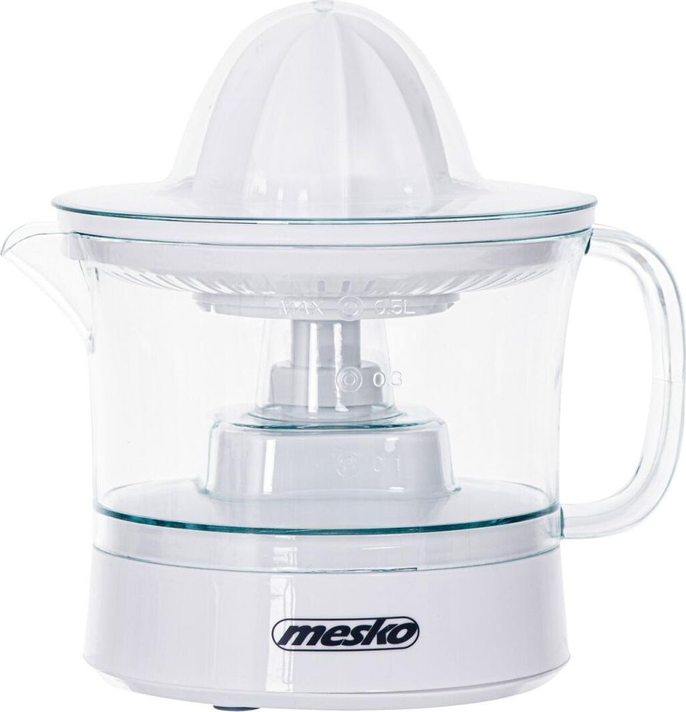 A white electric citrus juicer is shown from the front.