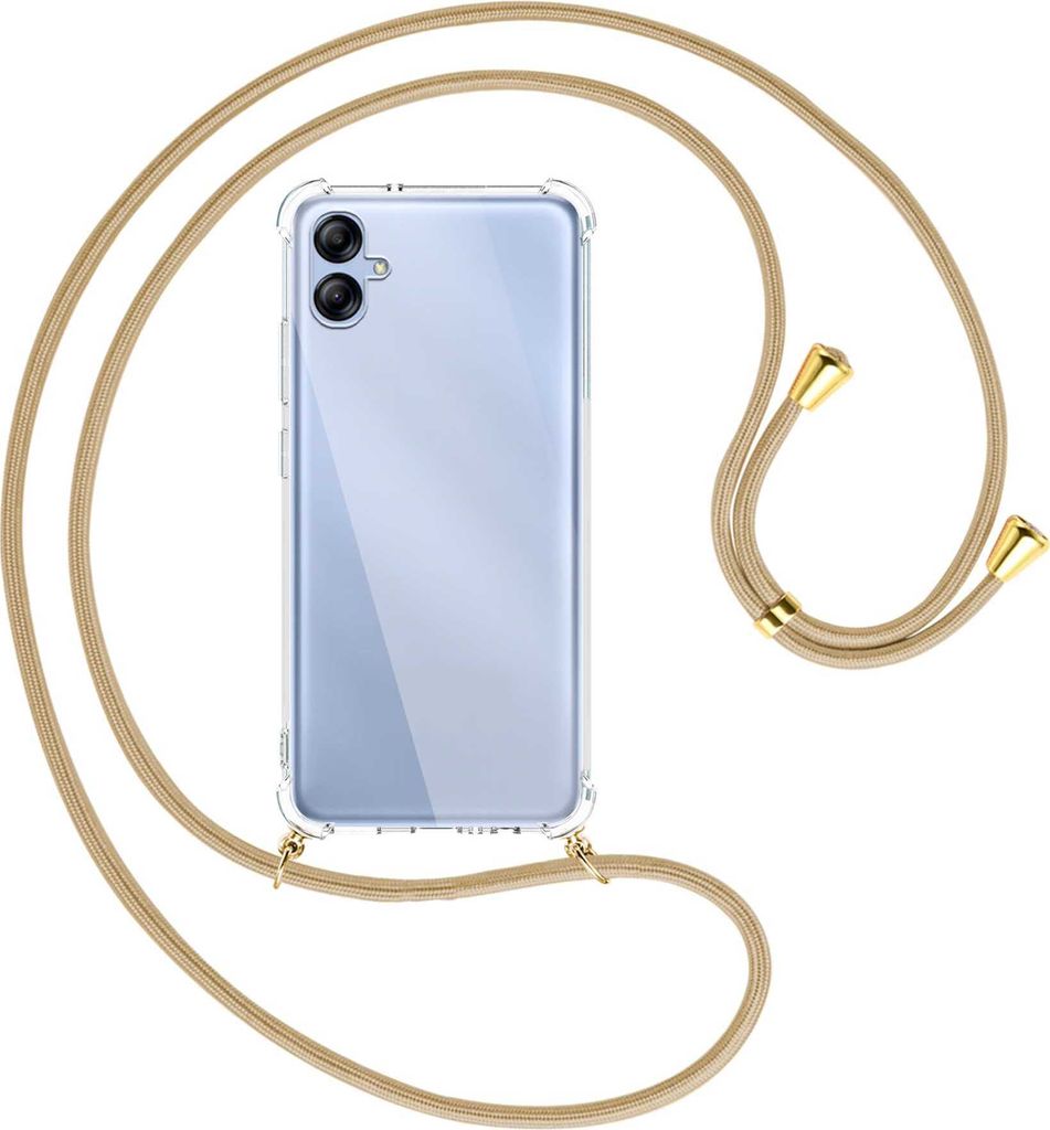 Handykette Backcover-Schutzhülle mit Band (Metall goldfarben) für Samsung Galaxy A04e (SM-A042) - caramel
