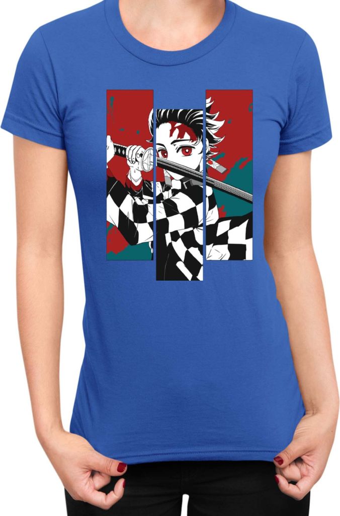 Damen T-Shirt Demon Anime Slayer Kimetsu No Yaiba Tanjiro Kamado 011, Lady XL / Blau
