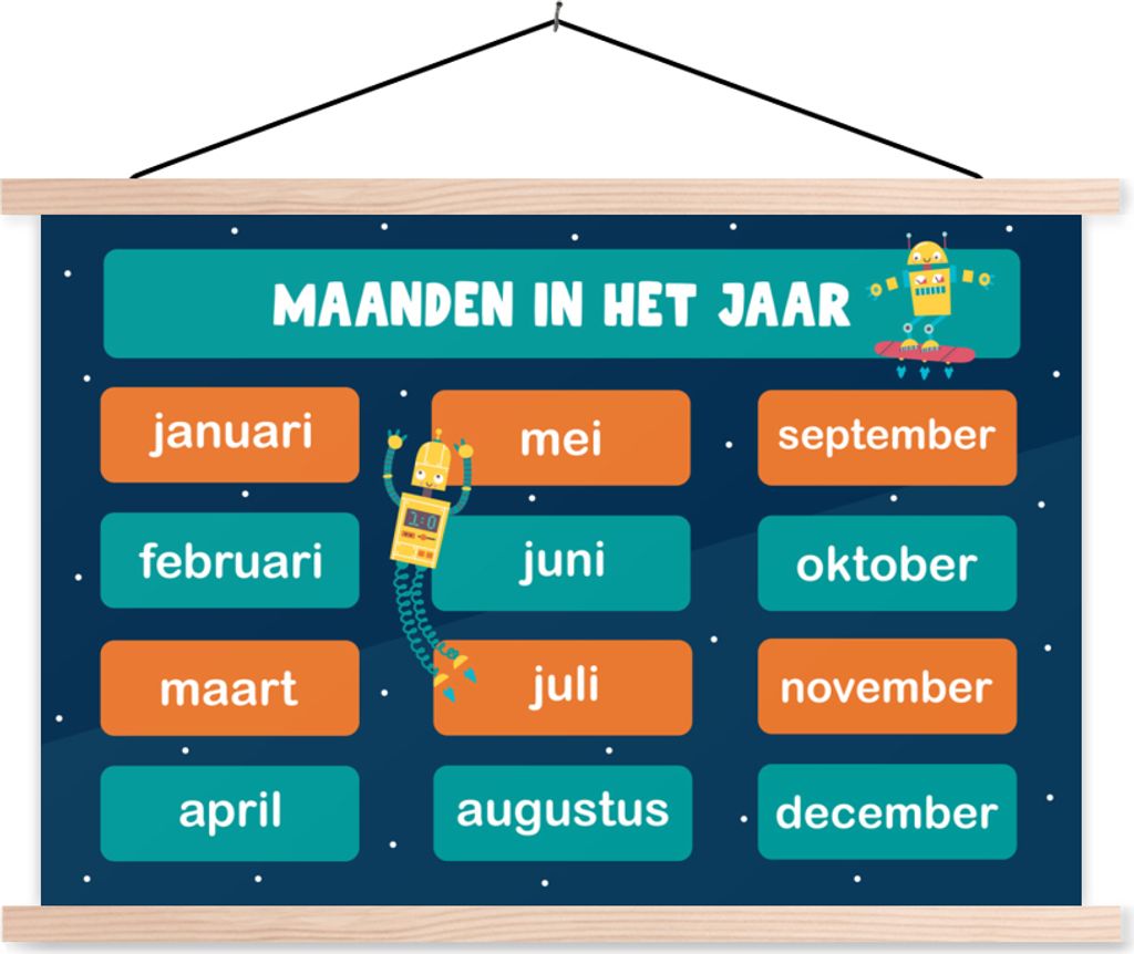 MuchoWow Textilposter Kinderzimmer - Monate - Pädagogisch - Jungen - Mädchen - Kinder - Kinder 60x40 cm mit holzfarbenen Rahmen - Bilder