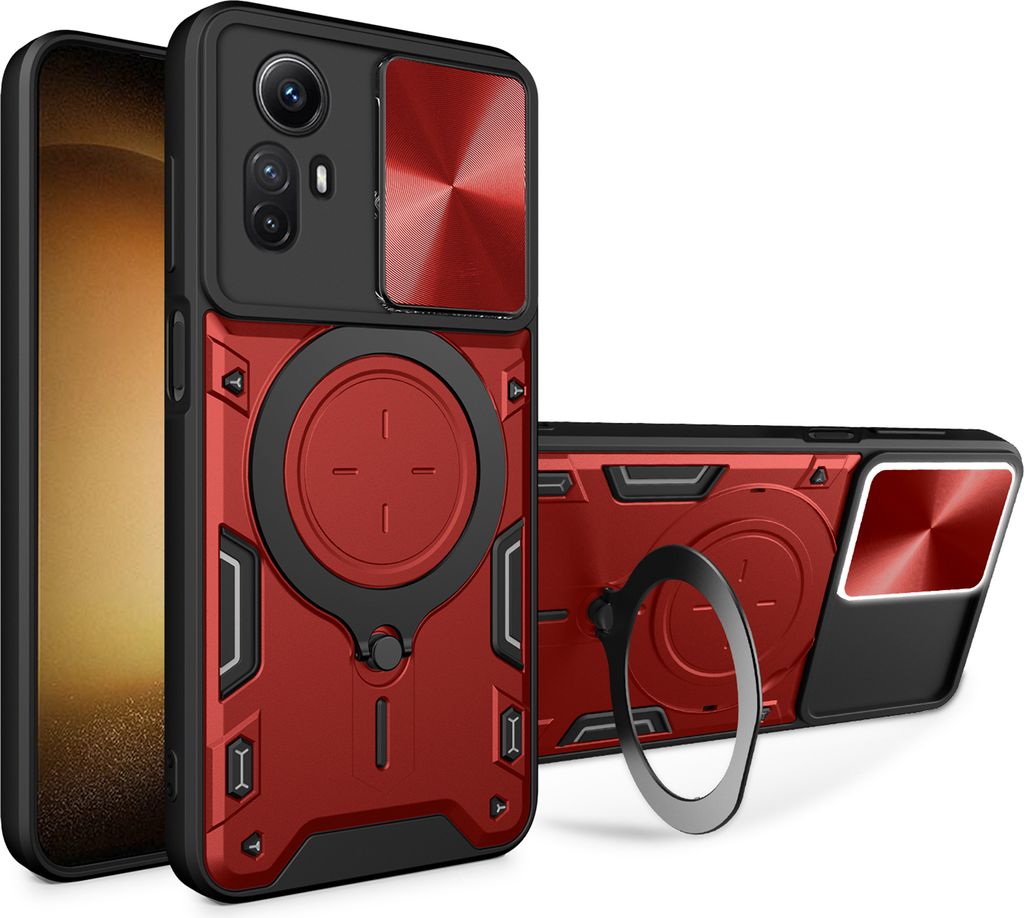 Handyhülle für Xiaomi Redmi Note 12S Dual-Layer Stoßfest Rüstung Hülle mit Dia Kameraschutz und Kreisförmig Ring Ständer Rot