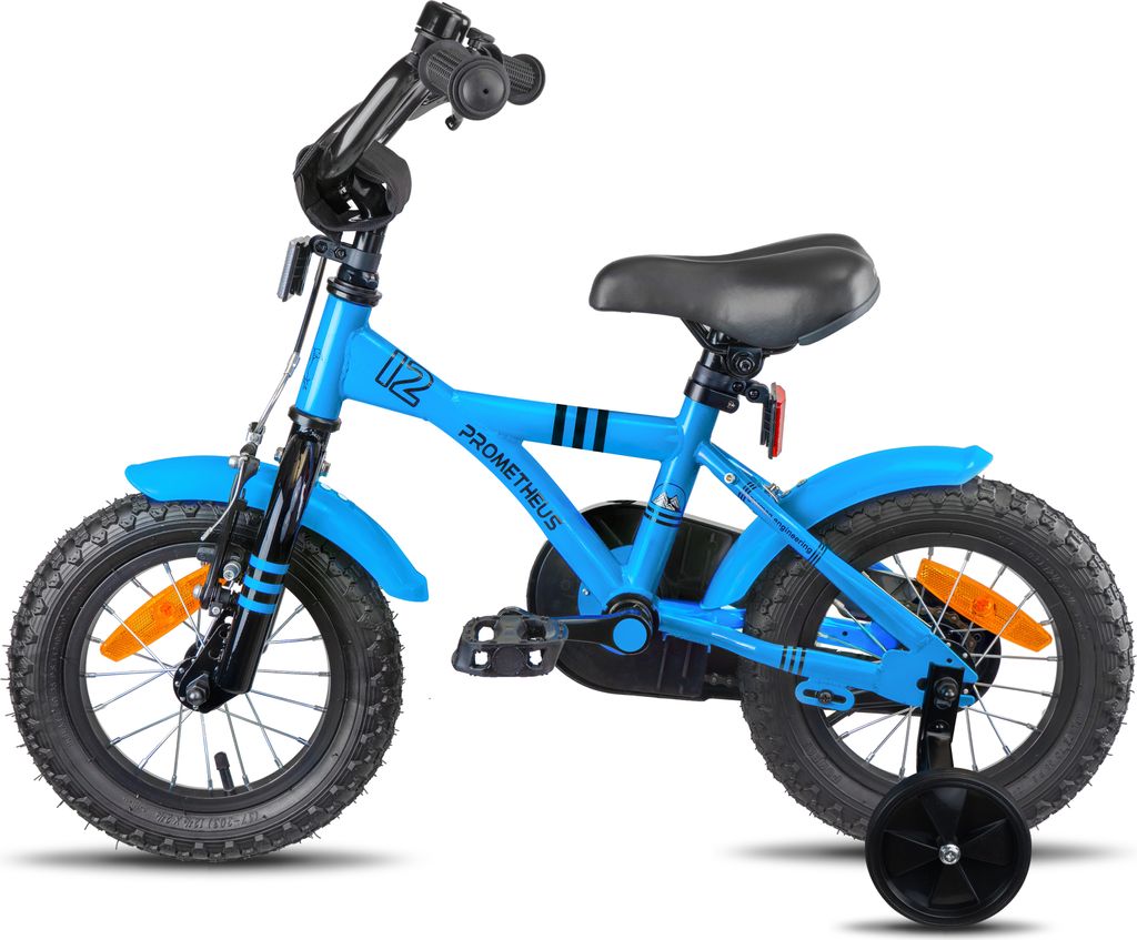 PROMETHEUS Kinderfahrrad 12 Zoll Jungen und Mädchen in Blau & Schwarz mit Stützräder | Aluminium Seitenzugbremse und Rücktrittbremse | inkl. Si...