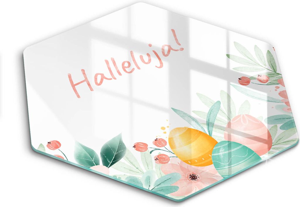 Glasschneideplatte - Herdabdeckplatte - Hexagon 40 cm - Schneidebrett - Spritzschutz - Motiv: Festlichas Halleluja!