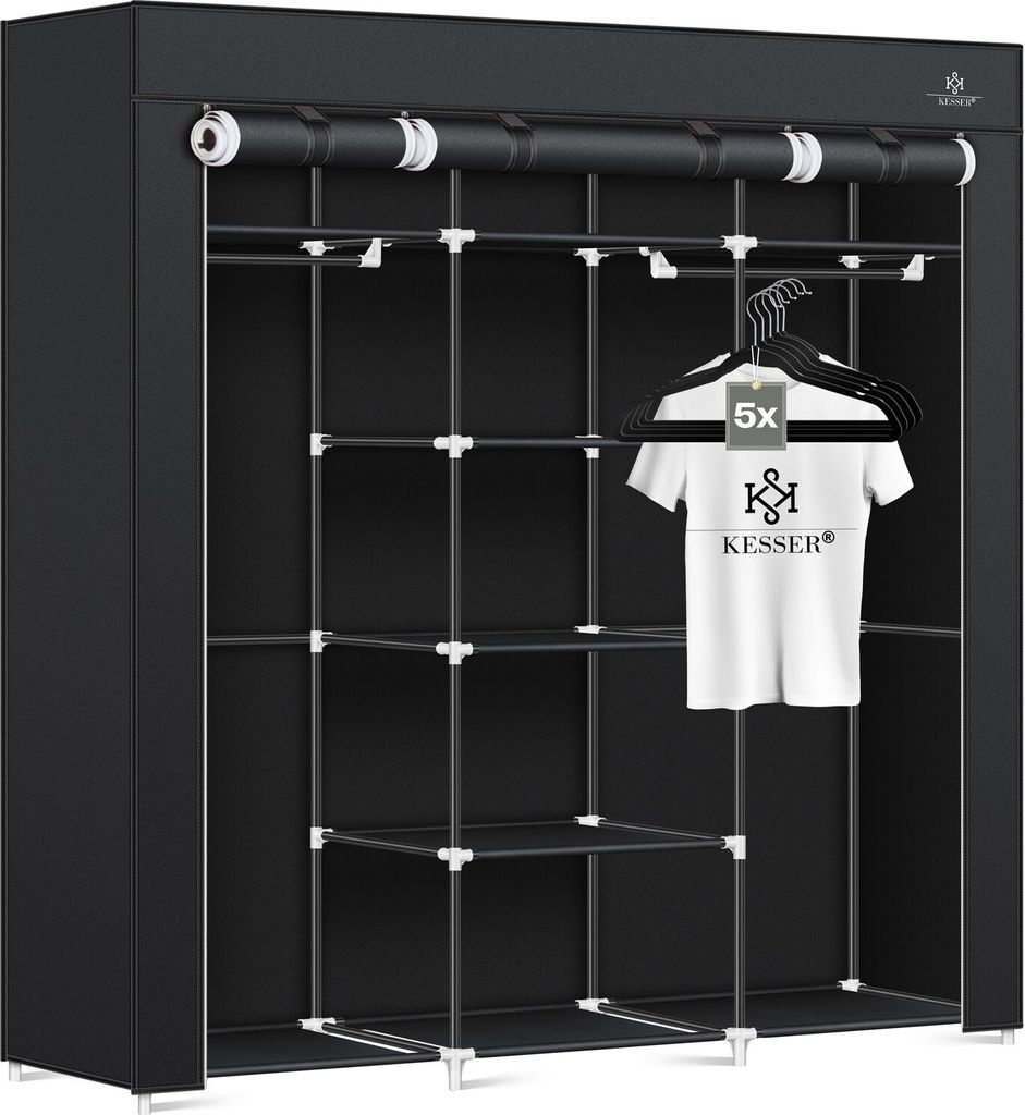 KESSER Kleiderschrank Stoffschrank Stabil mit Kleiderstange & Ablagen, Inkl. 5x Kleiderbügel, Stoff Faltschrank für Schlafzimmer, Ankleidezimme...